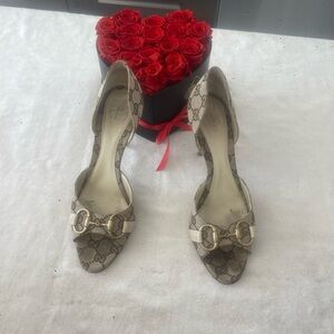 Gucci Brown Patterned Heels with Gold Accents